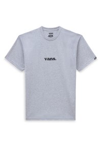 Grå bomullströja med rund halsringning, korta ärmar och en svart "vans."-logotyp tryckt på framsidan. Simple och avslappnad design.