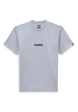 Gray cotton t-shirt featuring a crew neck, short sleeves, and a black "vans." logo printed on the front. Simple and casual design.