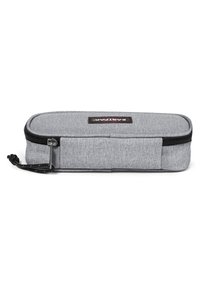 Gray pencil case with a textured fabric, zip closure, black accent, and a logo patch on the front. Rectangular shape.
