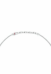 Collana in argento con una finitura liscia e lucida. Presenta una combinazione di maglie allungate e rotonde, fissate con un gancio a molla.