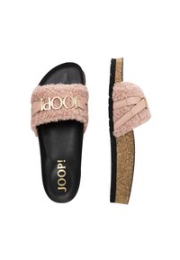 Flauschige pinke Slide-Sandalen mit einer schwarzen Fußbett und goldener Markierung. Korkähnlich strukturierte Sohle mit einem schwarzen Akzent am Rand.