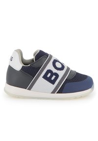 Blue and gray athletic shoes with a mesh upper, elastic strap featuring the word "BOSS," reinforced heel, and rubber outsole.