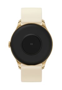 Orologio smart rotondo con cassa metallica dorata, retro circolare nero e cinturino in silicone crema. Presenta una corona laterale per le regolazioni.