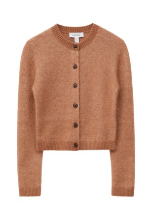Zachte bruine cardigan met knopen, ronde halslijn en lange mouwen, gemaakt van een pluizige gebreide stof, kort afgewerkt ter hoogte van de taille.