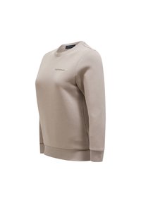 Beige sweatshirt met een ronde hals, geribbelde mouwen en onderrand, met subtiele branding op de borst in een bijpassende draadkleur.
