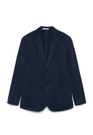 Blazer blu navy con due bottoni frontali, rever con intaglio, taschino sul petto e due tasche a toppa inferiori, mostrato su sfondo bianco.