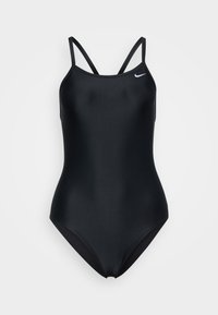 Zwarte badpak met dunne bandjes, gemaakt van gladdere, elastische stof. Heeft een klein wit logo op de linkerborst.