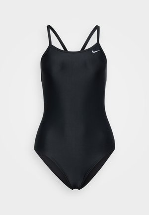Costume da bagno intero nero con spalline sottili, realizzato in materiale liscio e elasticizzato. Presenta un piccolo logo bianco nella zona sinistra del petto.
