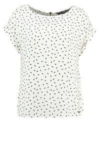 Top bianco a maniche corte con scollatura rotonda, caratterizzato da un motivo di foglie sparse in blu scuro. Tessuto leggero con vestibilità rilassata.