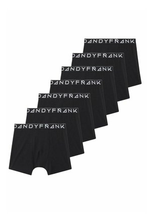 Sju svarta herrboxershorts med grå midja som visar varumärket "DANDYFRANK" i vita bokstäver.