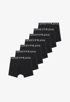 Seitsemät mustat miesten bokserit harmaalla vyötärönauhalla, jossa on valkoisilla kirjaimilla brändin nimi "DANDYFRANK".