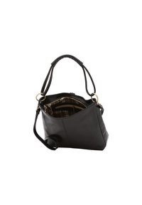 Borsa a tracolla in pelle nera con doppi manici, accessori in oro e zip aperta che rivela una fodera in tessuto a quadri marrone e una tasca interna con zip.