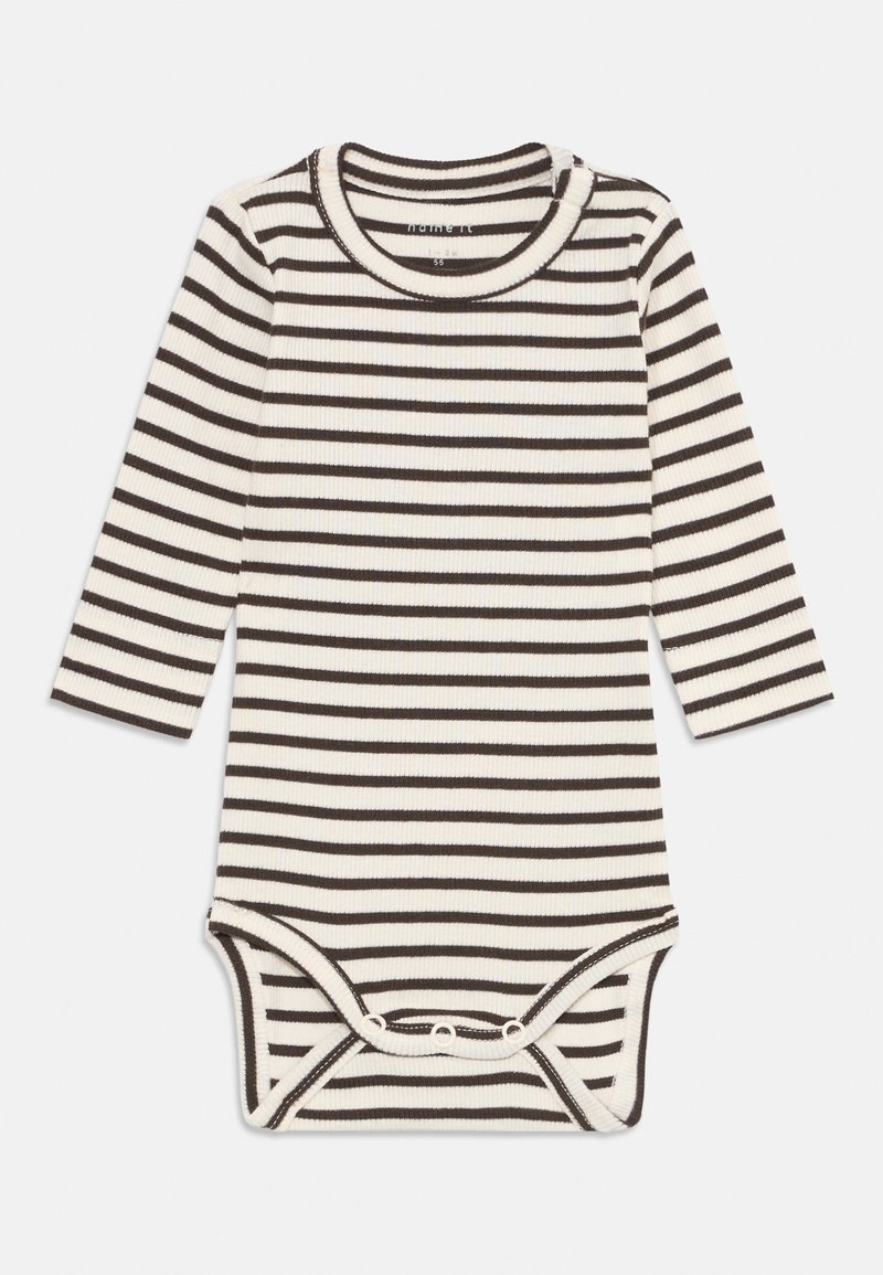 Μωρουδιακή φόρμα με μαύρες και άσπρες ρίγες, μακριά μανίκια, ριγωτή υφή, στρογγυλή λαιμόκοψη και κουμπί στο κάτω μέρος.