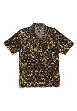 Short-sleeve shirt featuring a brown fabric with a gold leaf pattern, incorporating a collared neckline and a relaxed fit design.