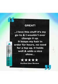 Bed Head Hard Head hårspray med en femstjernet verificeret brugeranmeldelse, der roser dens stærke hold, glans og langvarige kontrol af håret uden behov for genopfriskning.