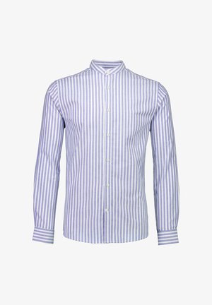 Camisa de manga larga a rayas verticales en color púrpura claro y blanco, hecha de algodón. Cuenta con un cuello mao y cierre de botones.