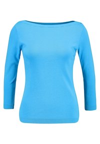 Klart blå långärmad stickad tröja med båtformad halsringning och ribbade ärmslut och nederkant, visad på en vit bakgrund.