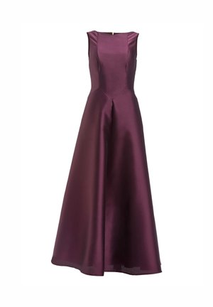 Purple satin sleeveless dress with a fitted bodice and an A-line skirt. Features a smooth texture and a knee-length hem with a subtle drape.