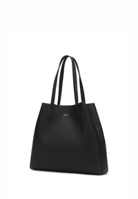 Zwarte leren tote bag met twee lange handvatten, een gladde, gemengde afwerking en een minimalistisch ontwerp. Beschikt over een subtiele logo aan de voorkant.