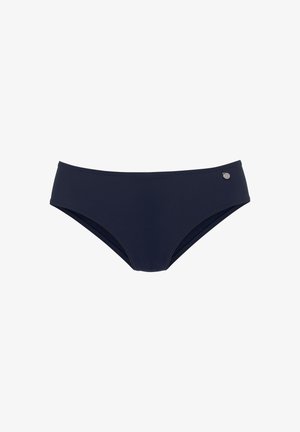 Marineblaue Bikiniunterteile mit glatter Textur, hoch geschnittenem Beinausschnitt und einem kleinen silbernen Logo-Detail an der Seite.