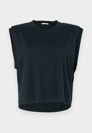 Top corto nero a maniche corte con una vestibilità rilassata, collo a giro, spalle leggermente scese e orlo arrotondato. Realizzato in tessuto morbido.