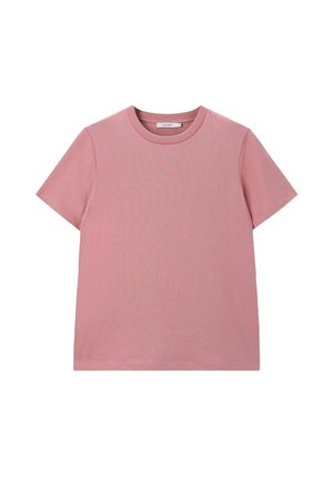 Roze katoenen t-shirt met een ronde halslijn en korte mouwen. Gladde textuur, klassieke pasvorm, geen patronen of zichtbare hardware.