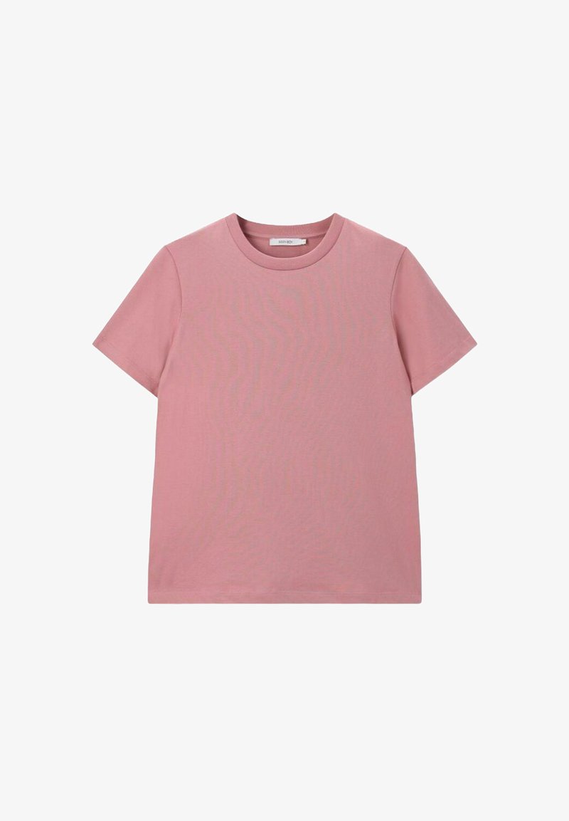 T-shirt en coton rose avec un col rond et des manches courtes. Texture lisse, coupe classique, sans motifs ni éléments visibles.