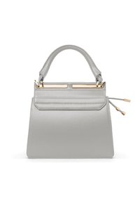 Borsa strutturata grigia con manico superiore imbottito, dettagli in metallo dorato e coulisse, su sfondo bianco.