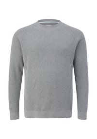 Gray knitted sweater with a ribbed texture, crew neck, and long raglan sleeves. Features a straight hem and minimalistic design.