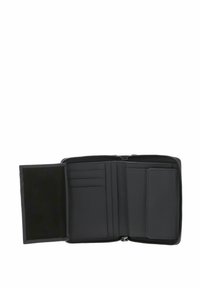 Portefeuille en cuir noir avec fermeture éclair, doté de plusieurs emplacements pour cartes et d'une doublure intérieure texturée avec des motifs subtils. Design compact.