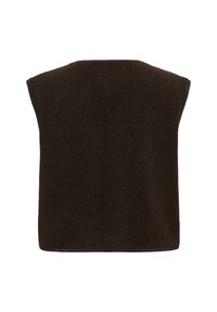 Chaleco sin mangas de forro polar marrón oscuro con dobladillo recto y cuello alto, mostrado desde la parte posterior sobre un fondo blanco.