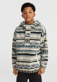 Pullover hoodie van zachte fleece met een patroon van blauwe, groene en crèmekleurige strepen; voorzien van een capuchon en een voorzak.