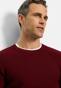 Burgundy textured sweater with a ribbed design and white inner collar. Features raglan sleeves and a crew neck. Soft, woven fabric.