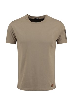 Beiges T-Shirt mit kurzen Ärmeln aus Baumwolle, mit Rundhalsausschnitt, glatter Textur und einem kleinen Markenpatch auf der unteren linken Seite.