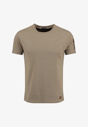 Beiges T-Shirt mit kurzen Ärmeln aus Baumwolle, mit Rundhalsausschnitt, glatter Textur und einem kleinen Markenpatch auf der unteren linken Seite.