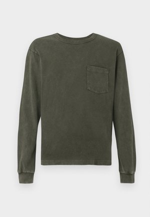 Long-sleeve shirt in dark olive green, made from soft material, featuring a round neck and a chest pocket. Smooth texture, relaxed fit.