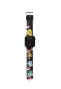 Orologio digitale con cinturino nero che presenta personaggi di Pokémon, tra cui Pikachu, Charmander, Squirtle e Bulbasaur; quadrante quadrato nero.