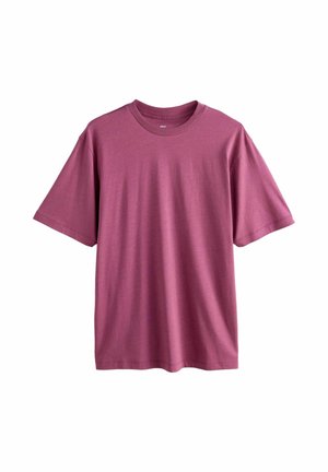T-Shirt mit kurzen Ärmeln in einer einfarbigen Himbeerfarbe, aus weichem Baumwollstoff, mit Rundhalsausschnitt und lässiger Passform sowie glatter Oberfläche.