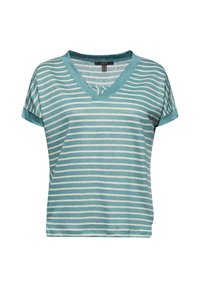 Stribet kortærmet V-hals t-shirt i teal og hvid. Har en afslappet pasform og blød tekstur med op rullede ærmer.