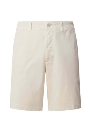 Shorts en coton beige avec une coupe droite, dotés d'une fermeture à bouton à l'avant, de poches latérales et de coutures minimalistes.