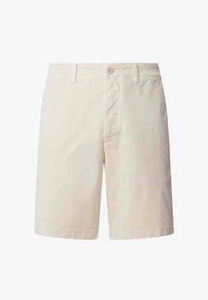 Bež bombažne kratke hlače s pravim krojem, ki vključujejo zapiranje z gumbom spredaj, stranske žepke in minimalne šive.