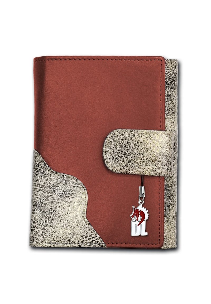 Leather wallet featuring a reddish-brown body, metallic gold accents, curved design, and a small charm with a wolf logo.