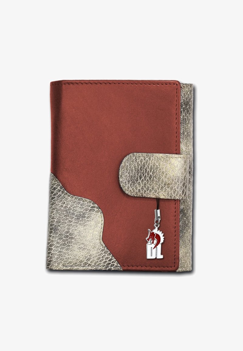Leather wallet featuring a reddish-brown body, metallic gold accents, curved design, and a small charm with a wolf logo.