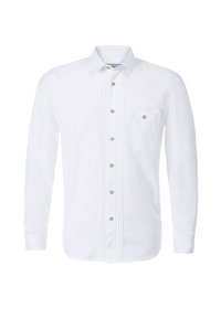 White long-sleeve shirt with a pointed collar, front button closure, and a left chest pocket. Features vertical pin-tuck detailing and brown buttons.