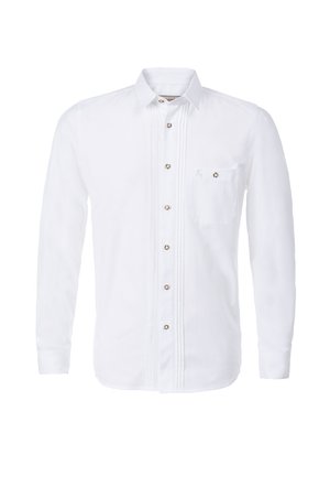 White long-sleeve shirt with a pointed collar, front button closure, and a left chest pocket. Features vertical pin-tuck detailing and brown buttons.