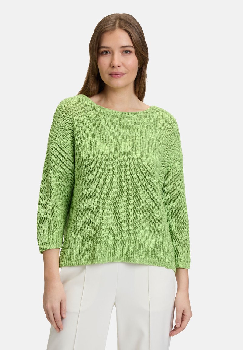 Grüner gestrickter Pullover mit lockerer Passform, runden Ausschnitt und 3/4-Ärmeln. Die Struktur ist grob und sorgt für ein atmungsaktives Design.