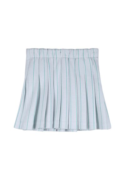 Gonna plissettata azzurro chiaro con sottili righe verticali verdi e nere e vita arricciata.