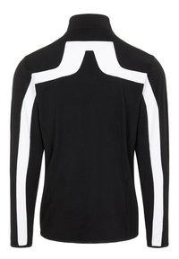 Haut noir à manches longues avec des panneaux latéraux blancs, un col montant et une coupe ajustée et élégante. Fabriqué en tissu léger et extensible.