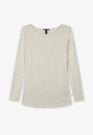 Jasnoszara, długosleeve'owa koszulka z okrągłym dekoltem, uszyta z miękkiego materiału, z bocznymi rozcięciami i subtelnym wzorem teksturowanym.