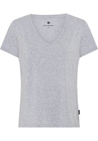 Grå V-hals t-shirt med korte ærmer, lavet af blødt stof. Den har en tekstureret overflade og et lille mærke på venstre sidesøm.